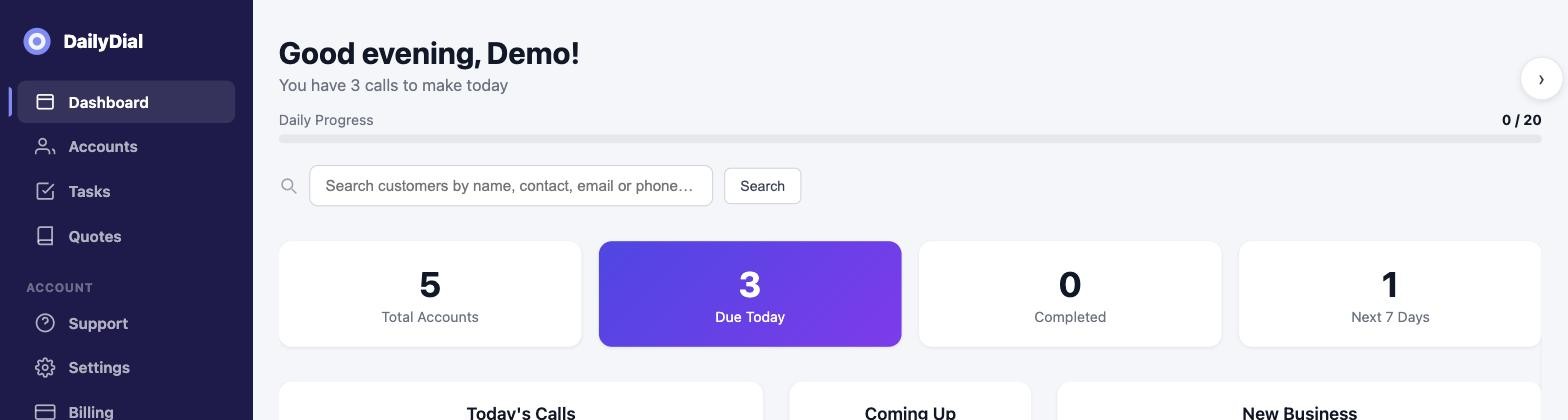 DailyDial dashboard showing today's prioritised call list