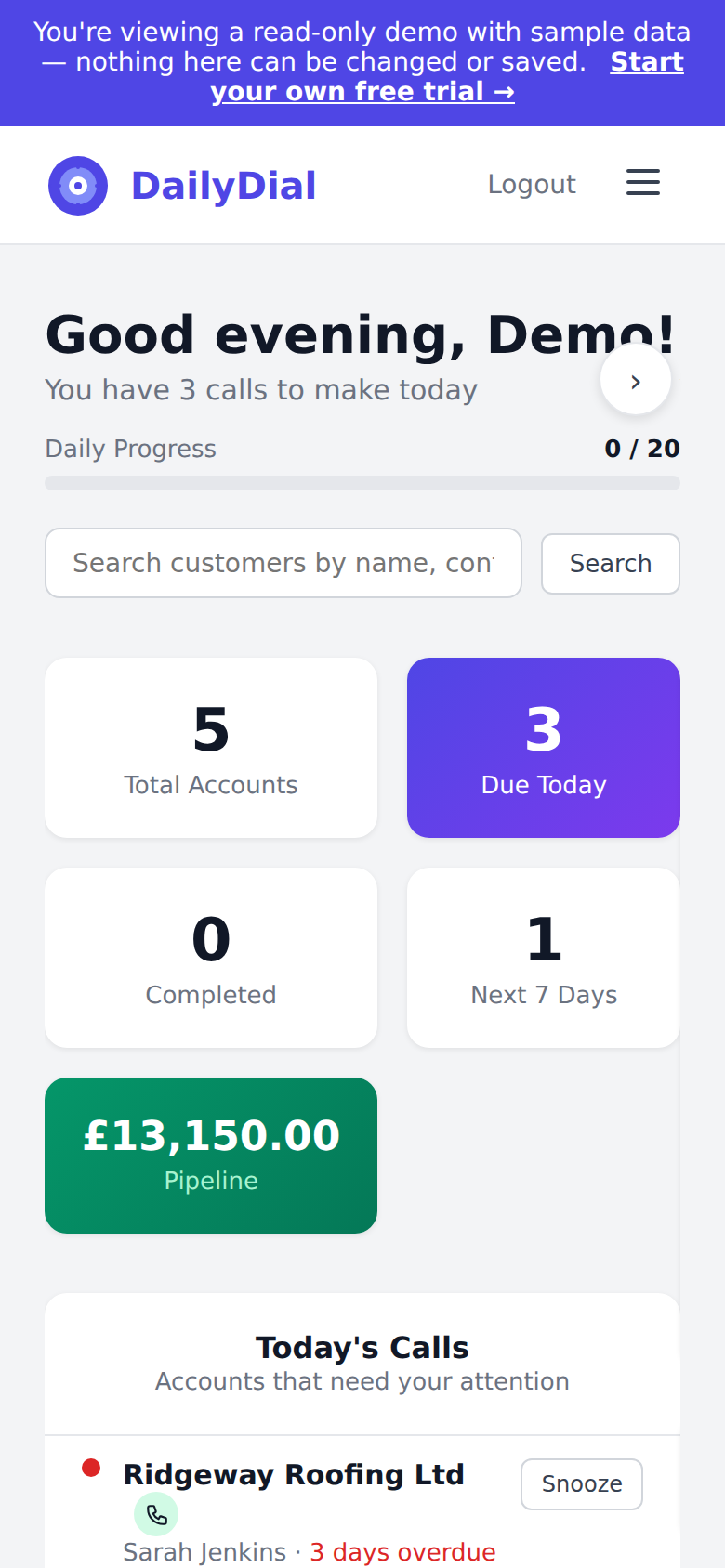DailyDial daily call list dashboard on mobile