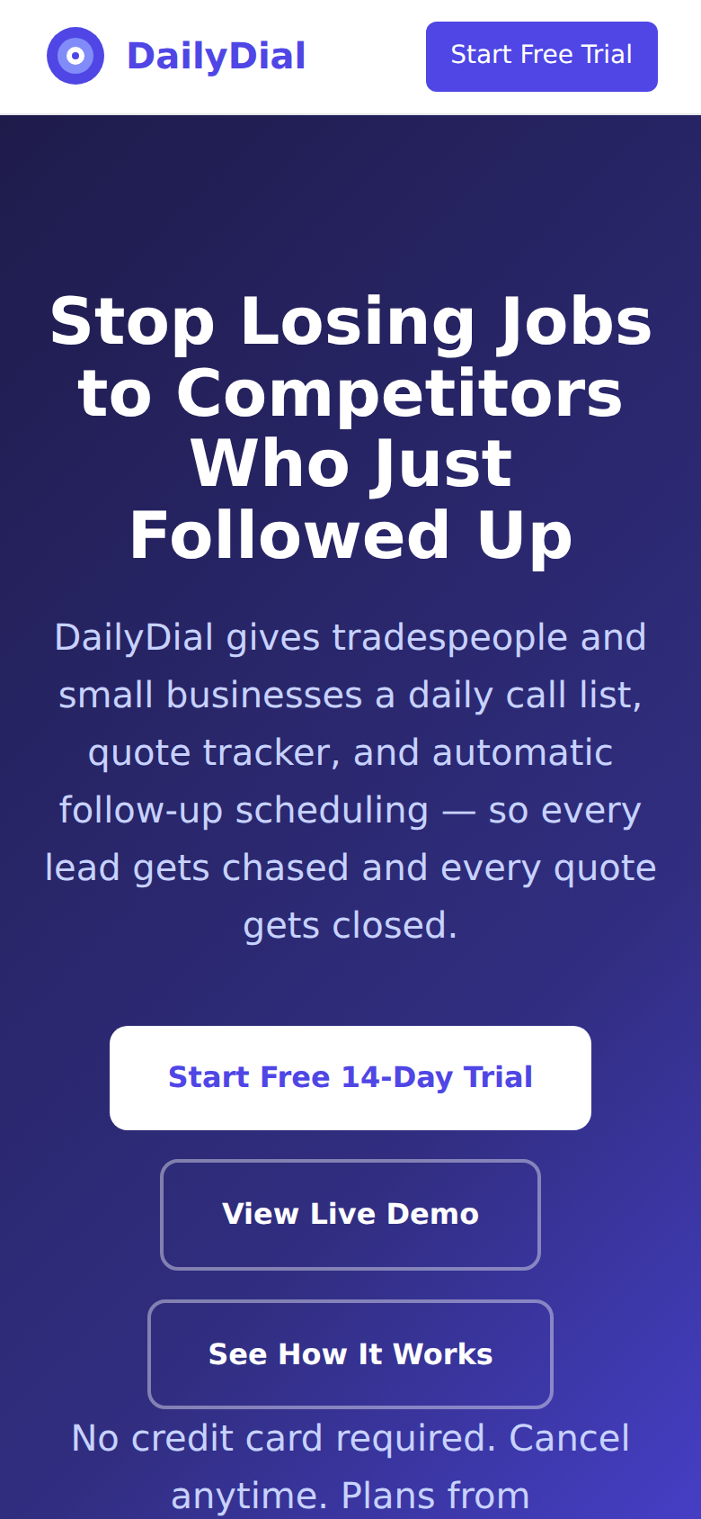 DailyDial homepage on mobile